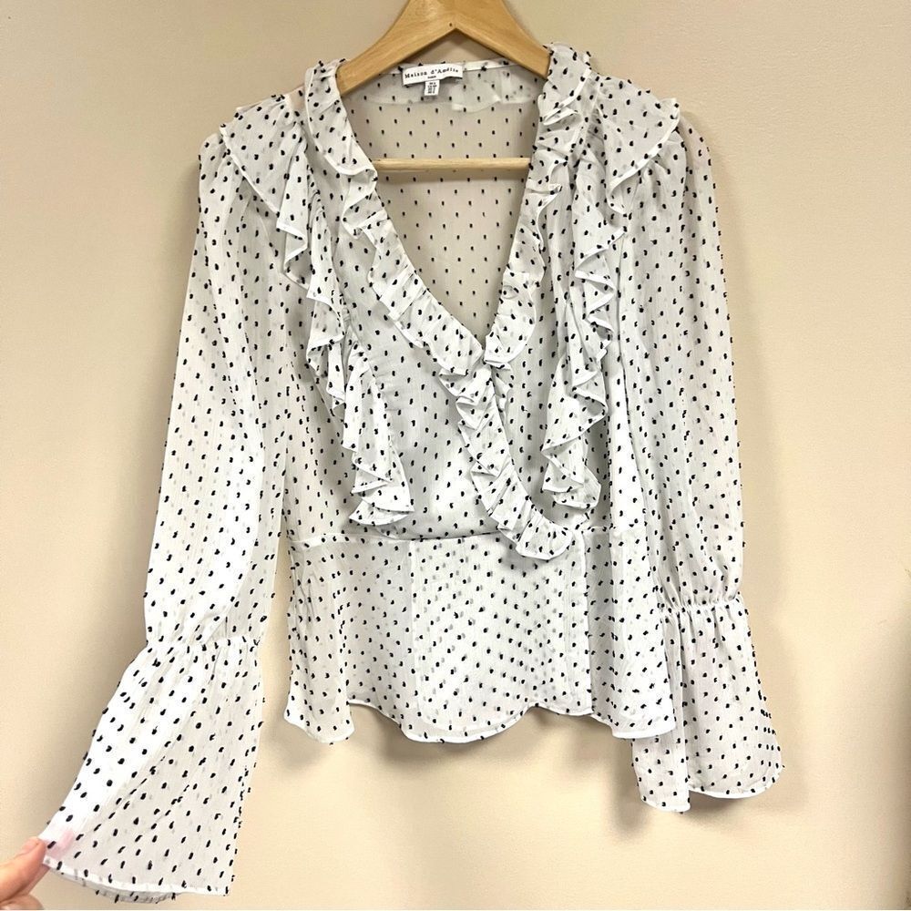 Maison d Amelie White Blouse with Black Dots and Ruffles. Size Sm